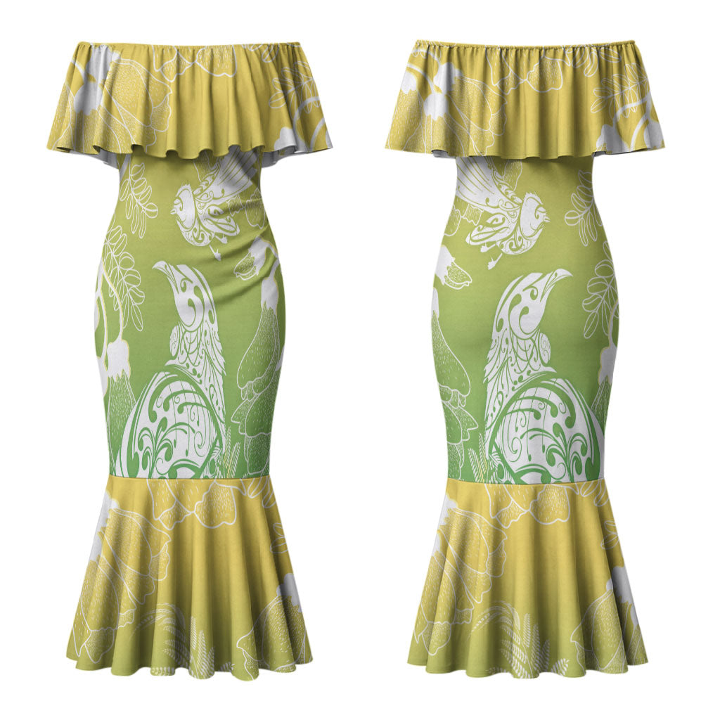 Aotearoa Maori Mahuru Tui With Pikawakawa Couples Matching Mermaid Dress and Long Sleeve Button Shirt Spring Time