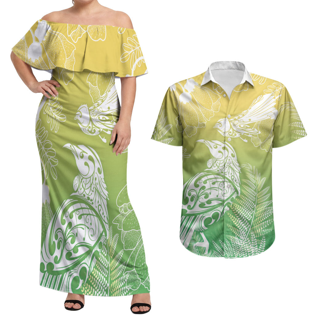 Aotearoa Maori Mahuru Tui With Pikawakawa Couples Matching Off Shoulder Maxi Dress and Hawaiian Shirt Spring Time