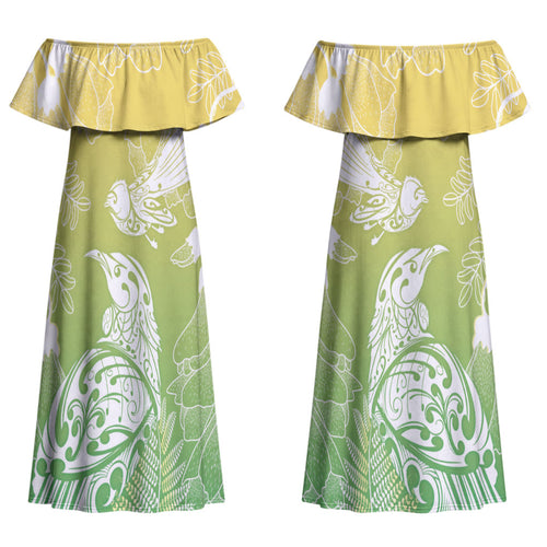 Aotearoa Maori Mahuru Tui With Pikawakawa Couples Matching Off Shoulder Maxi Dress and Hawaiian Shirt Spring Time