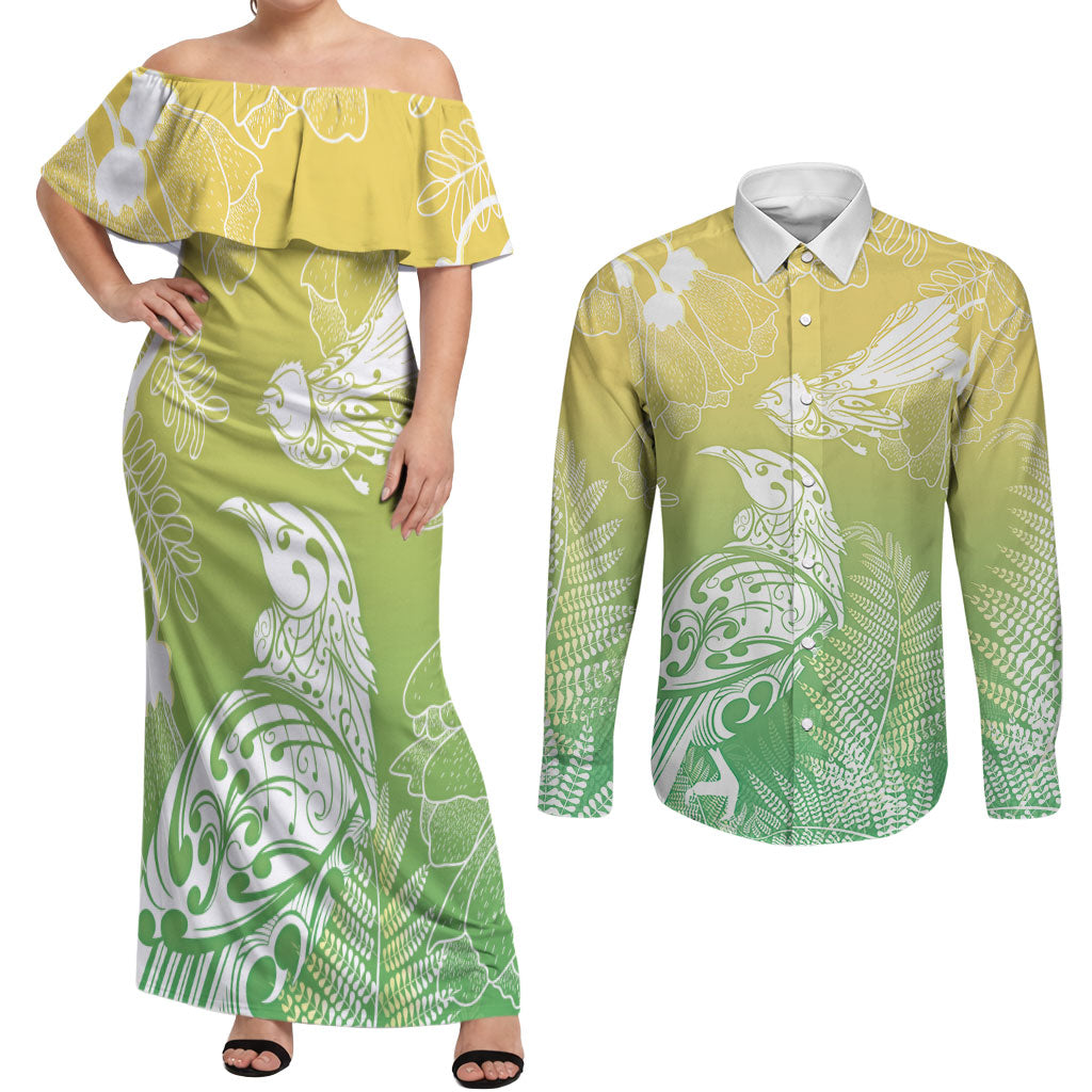 Aotearoa Maori Mahuru Tui With Pikawakawa Couples Matching Off Shoulder Maxi Dress and Long Sleeve Button Shirt Spring Time