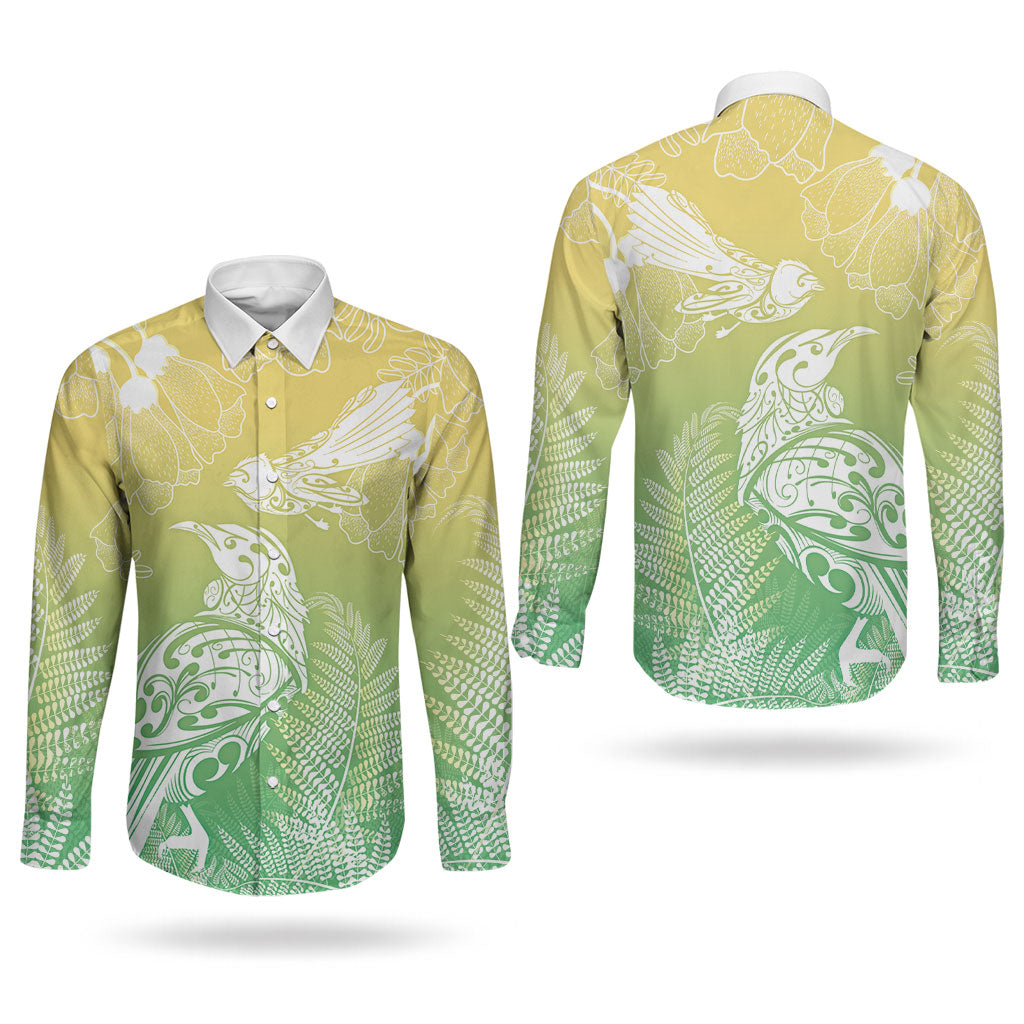 Aotearoa Maori Mahuru Tui With Pikawakawa Couples Matching Off Shoulder Maxi Dress and Long Sleeve Button Shirt Spring Time