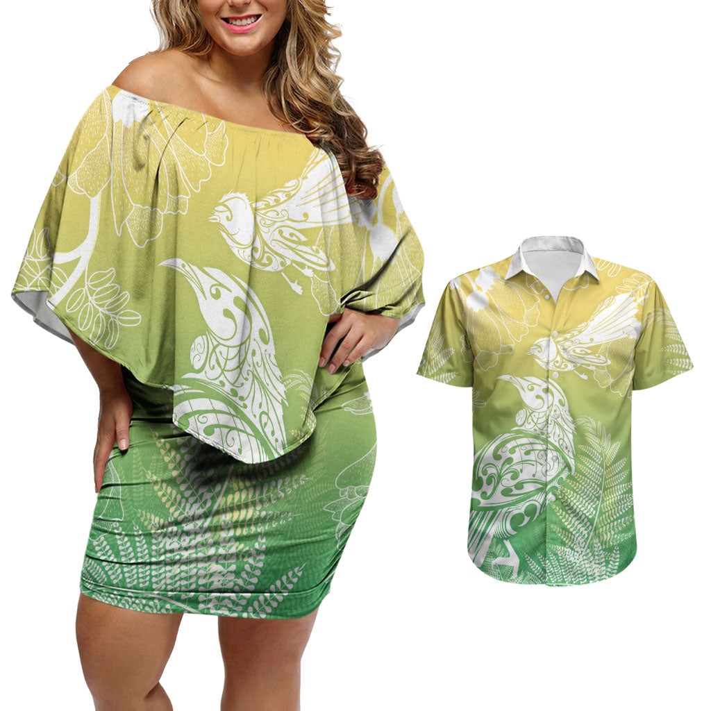 Aotearoa Maori Mahuru Tui With Pikawakawa Couples Matching Off Shoulder Short Dress and Hawaiian Shirt Spring Time