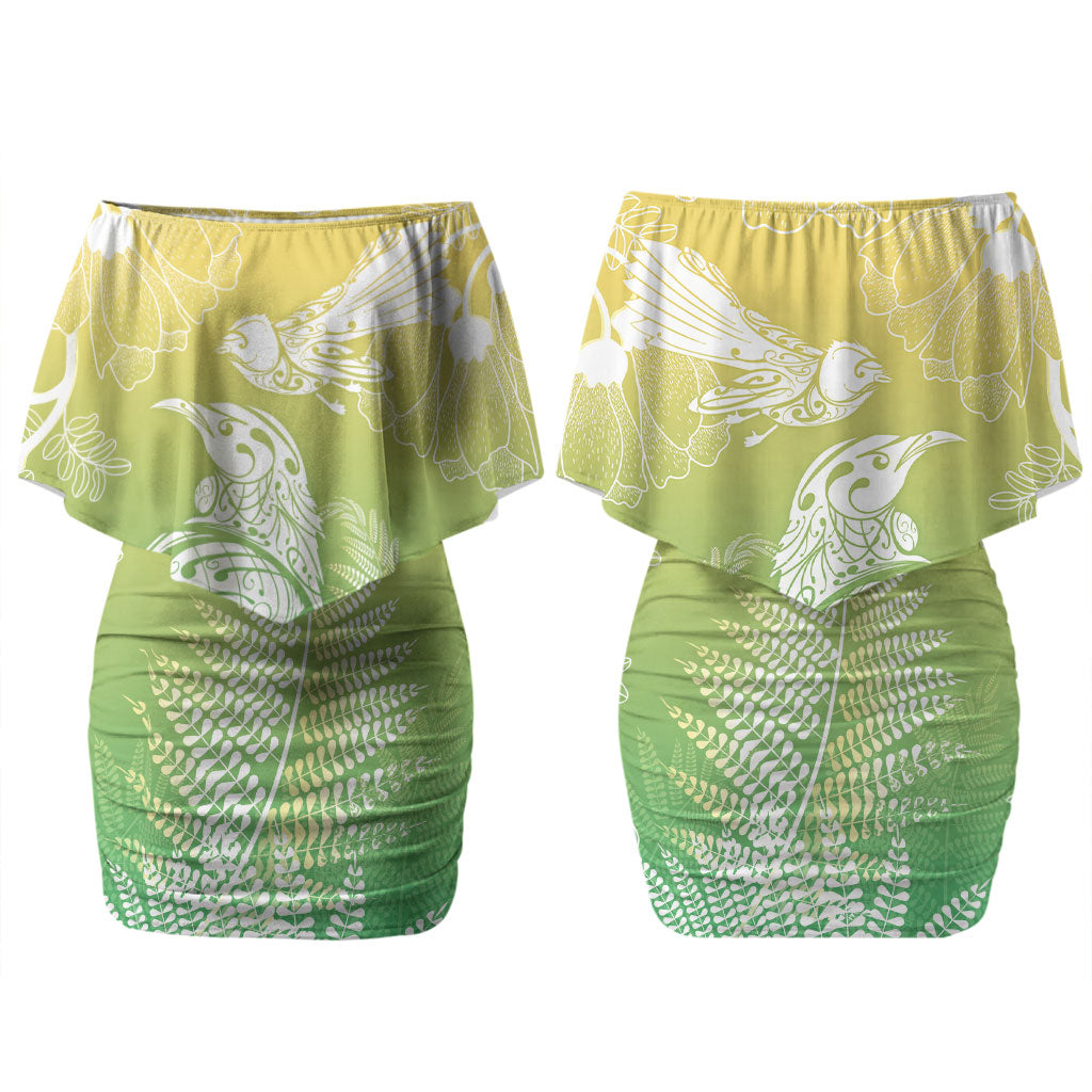 Aotearoa Maori Mahuru Tui With Pikawakawa Couples Matching Off Shoulder Short Dress and Hawaiian Shirt Spring Time