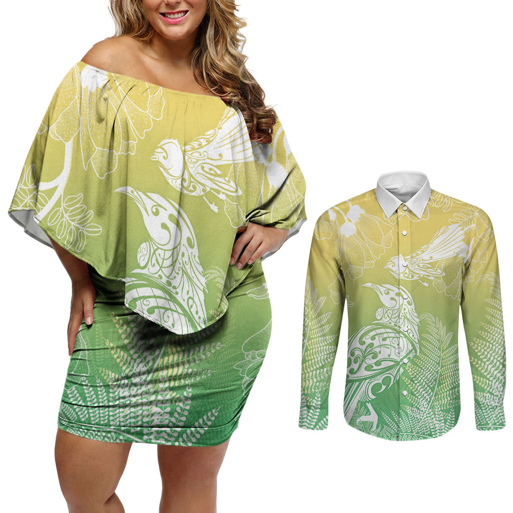Aotearoa Maori Mahuru Tui With Pikawakawa Couples Matching Off Shoulder Short Dress and Long Sleeve Button Shirt Spring Time