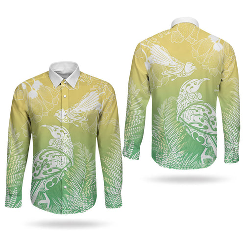 Aotearoa Maori Mahuru Tui With Pikawakawa Couples Matching Off Shoulder Short Dress and Long Sleeve Button Shirt Spring Time