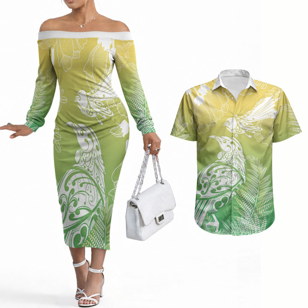 Aotearoa Maori Mahuru Tui With Pikawakawa Couples Matching Off The Shoulder Long Sleeve Dress and Hawaiian Shirt Spring Time