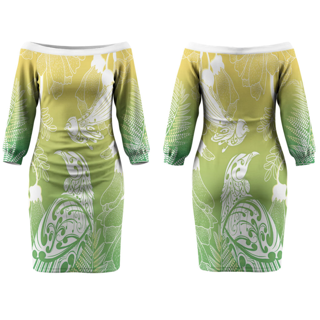 Aotearoa Maori Mahuru Tui With Pikawakawa Couples Matching Off The Shoulder Long Sleeve Dress and Hawaiian Shirt Spring Time