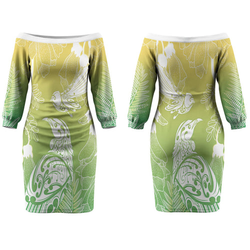 Aotearoa Maori Mahuru Tui With Pikawakawa Couples Matching Off The Shoulder Long Sleeve Dress and Hawaiian Shirt Spring Time