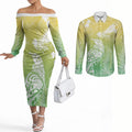 Aotearoa Maori Mahuru Tui With Pikawakawa Couples Matching Off The Shoulder Long Sleeve Dress and Long Sleeve Button Shirt Spring Time