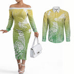 Aotearoa Maori Mahuru Tui With Pikawakawa Couples Matching Off The Shoulder Long Sleeve Dress and Long Sleeve Button Shirt Spring Time