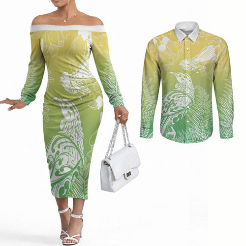 Aotearoa Maori Mahuru Tui With Pikawakawa Couples Matching Off The Shoulder Long Sleeve Dress and Long Sleeve Button Shirt Spring Time