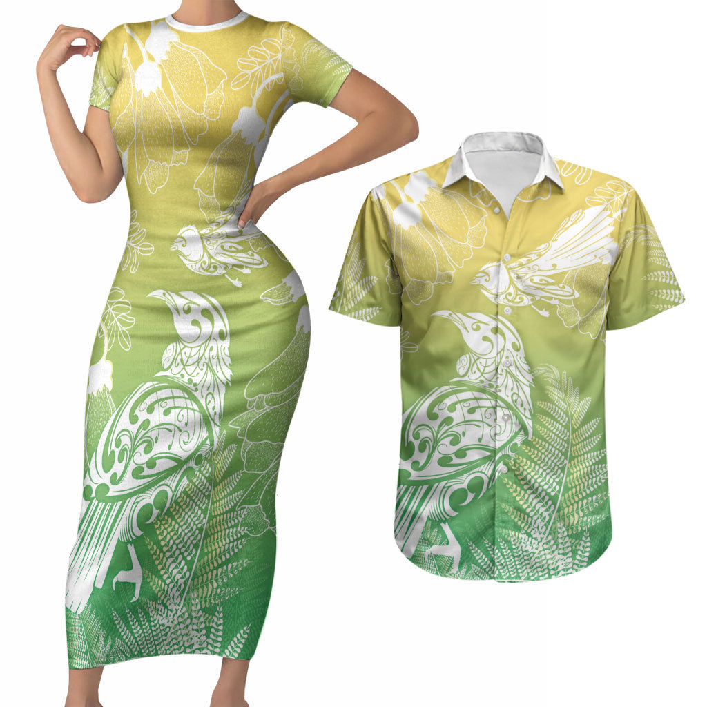 Aotearoa Maori Mahuru Tui With Pikawakawa Couples Matching Short Sleeve Bodycon Dress and Hawaiian Shirt Spring Time