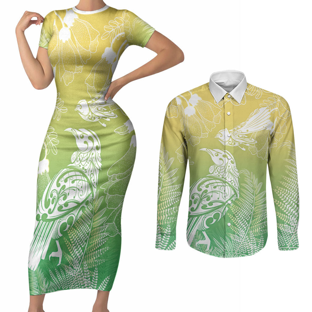 Aotearoa Maori Mahuru Tui With Pikawakawa Couples Matching Short Sleeve Bodycon Dress and Long Sleeve Button Shirt Spring Time