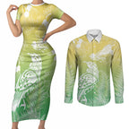 Aotearoa Maori Mahuru Tui With Pikawakawa Couples Matching Short Sleeve Bodycon Dress and Long Sleeve Button Shirt Spring Time