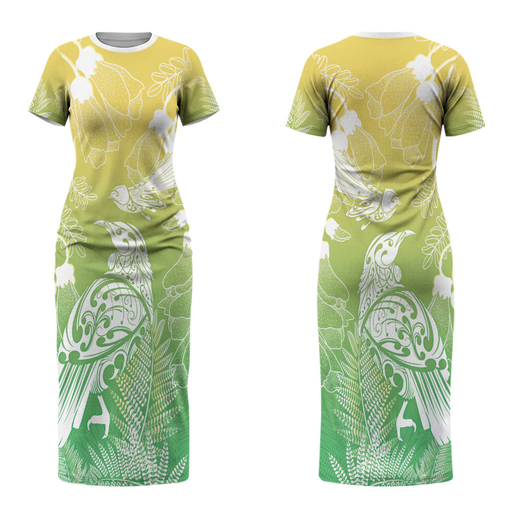 Aotearoa Maori Mahuru Tui With Pikawakawa Couples Matching Short Sleeve Bodycon Dress and Long Sleeve Button Shirt Spring Time