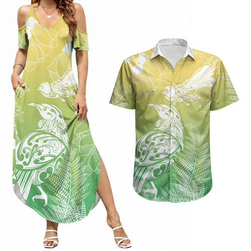 Aotearoa Maori Mahuru Tui With Pikawakawa Couples Matching Summer Maxi Dress and Hawaiian Shirt Spring Time