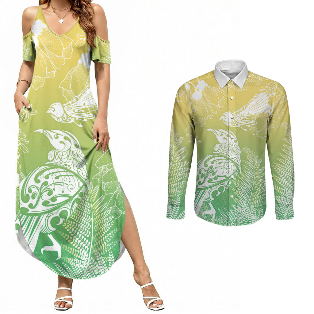 Aotearoa Maori Mahuru Tui With Pikawakawa Couples Matching Summer Maxi Dress and Long Sleeve Button Shirt Spring Time