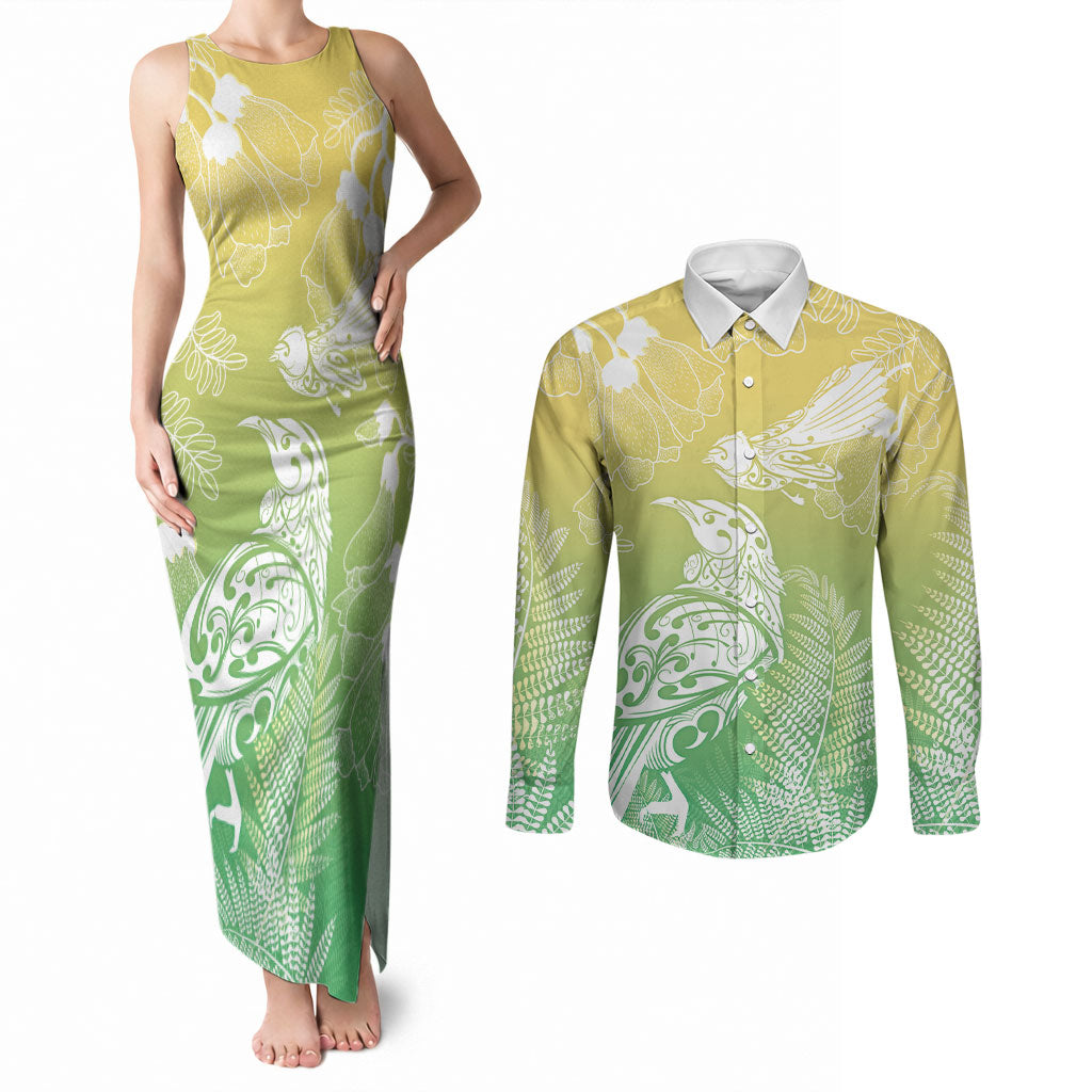 Aotearoa Maori Mahuru Tui With Pikawakawa Couples Matching Tank Maxi Dress and Long Sleeve Button Shirt Spring Time