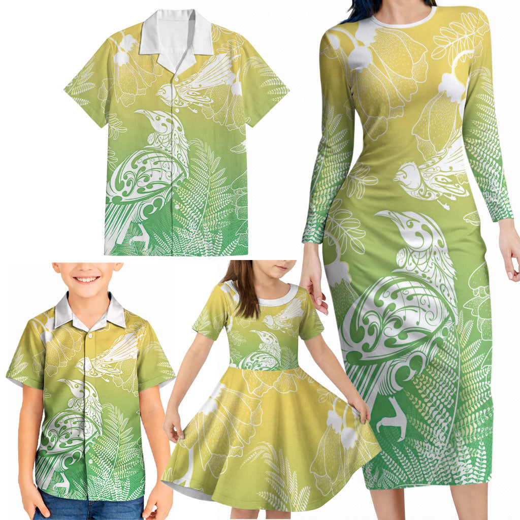 Aotearoa Maori Mahuru Tui With Pikawakawa Family Matching Long Sleeve Bodycon Dress and Hawaiian Shirt Spring Time
