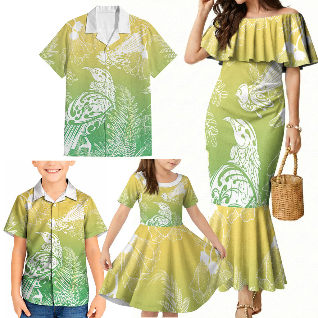Aotearoa Maori Mahuru Tui With Pikawakawa Family Matching Mermaid Dress and Hawaiian Shirt Spring Time