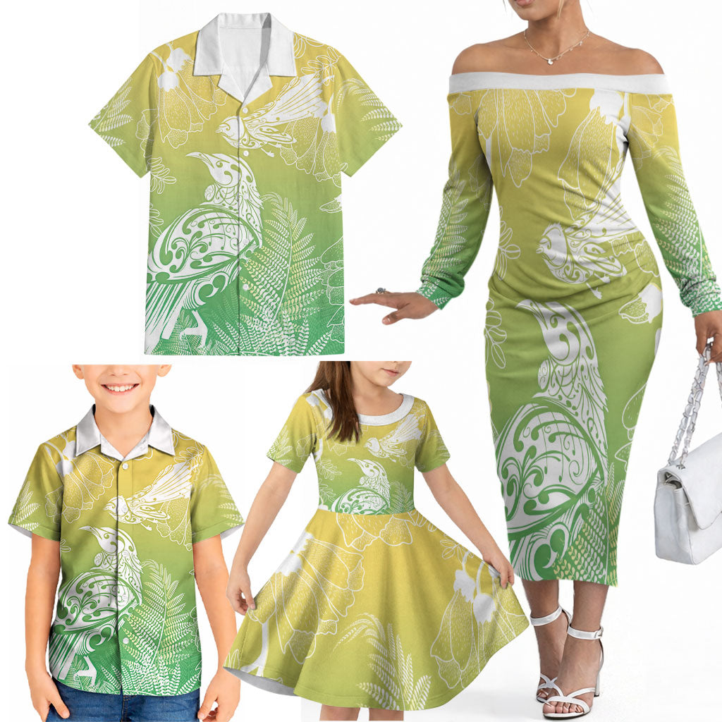 Aotearoa Maori Mahuru Tui With Pikawakawa Family Matching Off The Shoulder Long Sleeve Dress and Hawaiian Shirt Spring Time