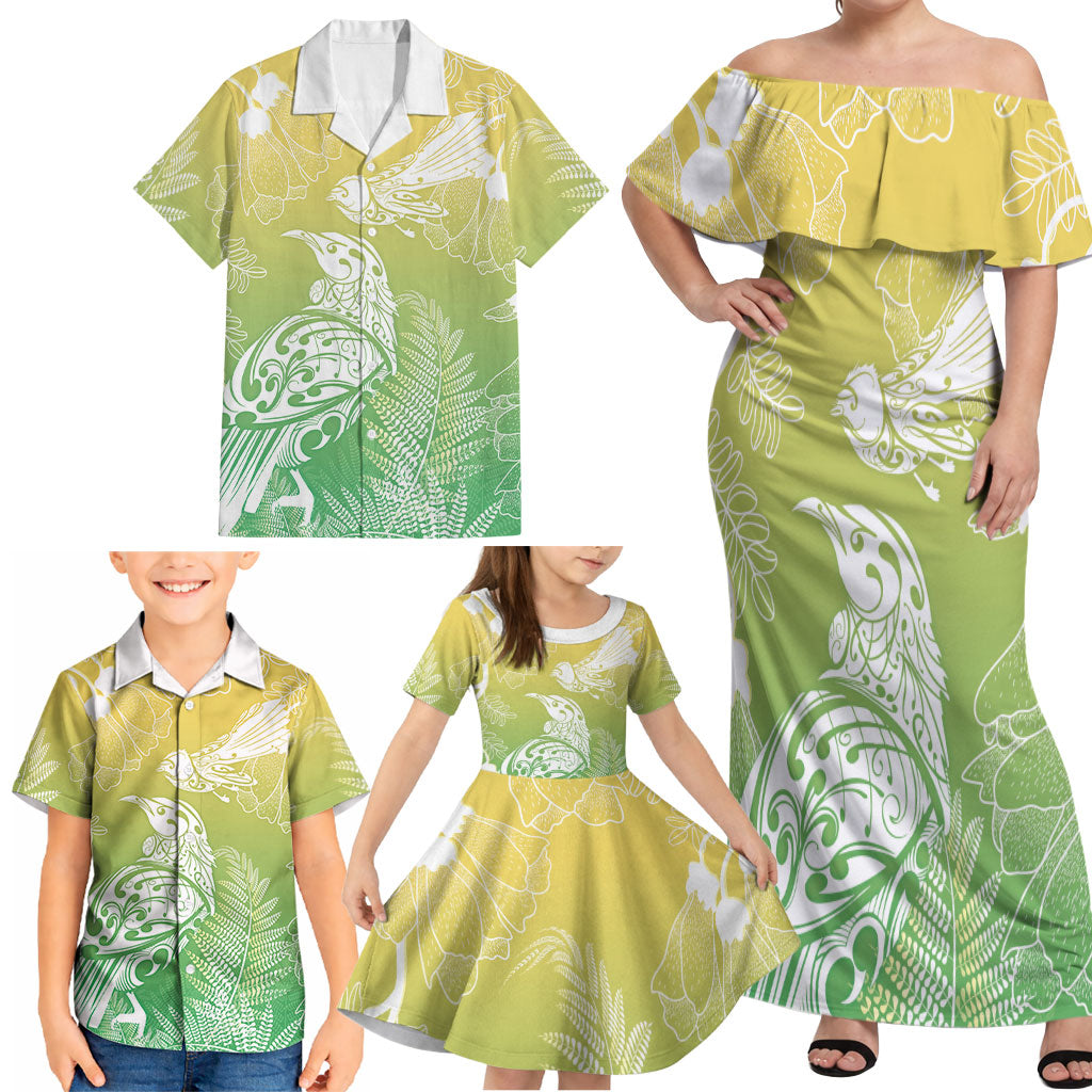 Aotearoa Maori Mahuru Tui With Pikawakawa Family Matching Off Shoulder Maxi Dress and Hawaiian Shirt Spring Time