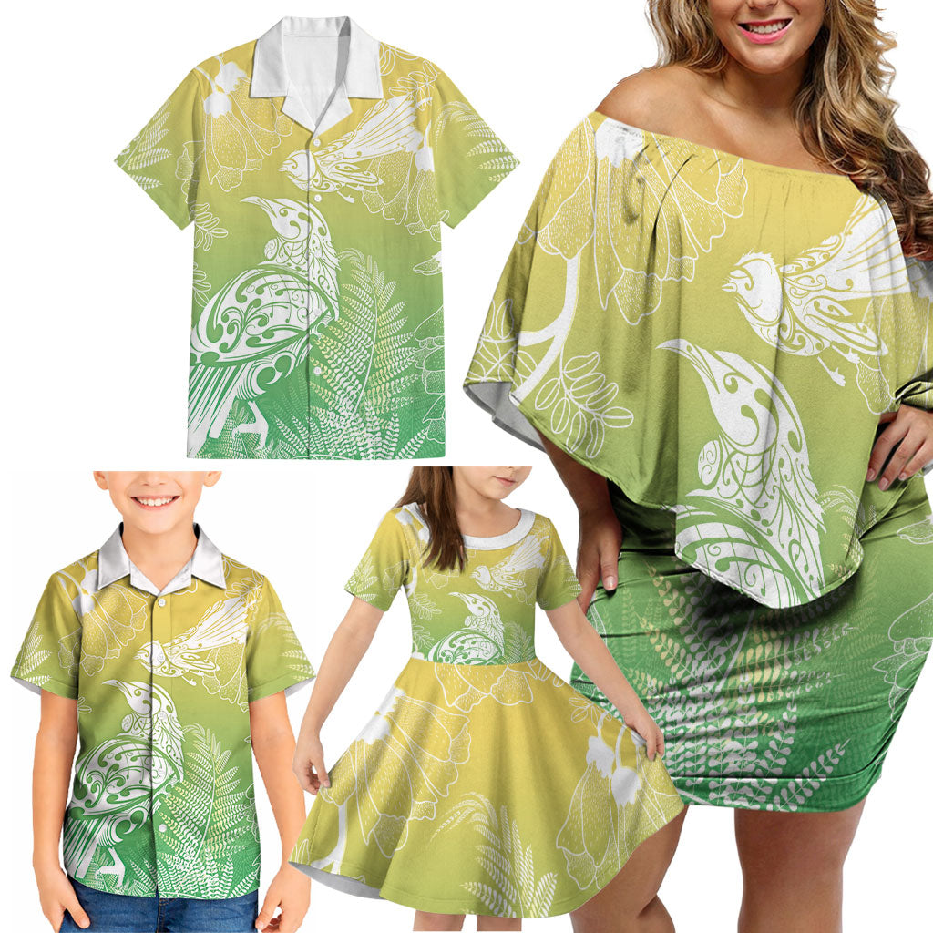 Aotearoa Maori Mahuru Tui With Pikawakawa Family Matching Off Shoulder Short Dress and Hawaiian Shirt Spring Time