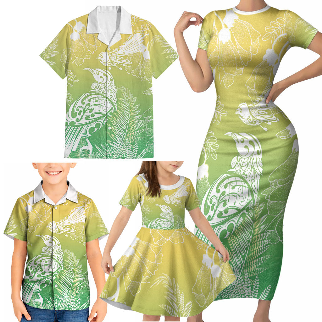 Aotearoa Maori Mahuru Tui With Pikawakawa Family Matching Short Sleeve Bodycon Dress and Hawaiian Shirt Spring Time