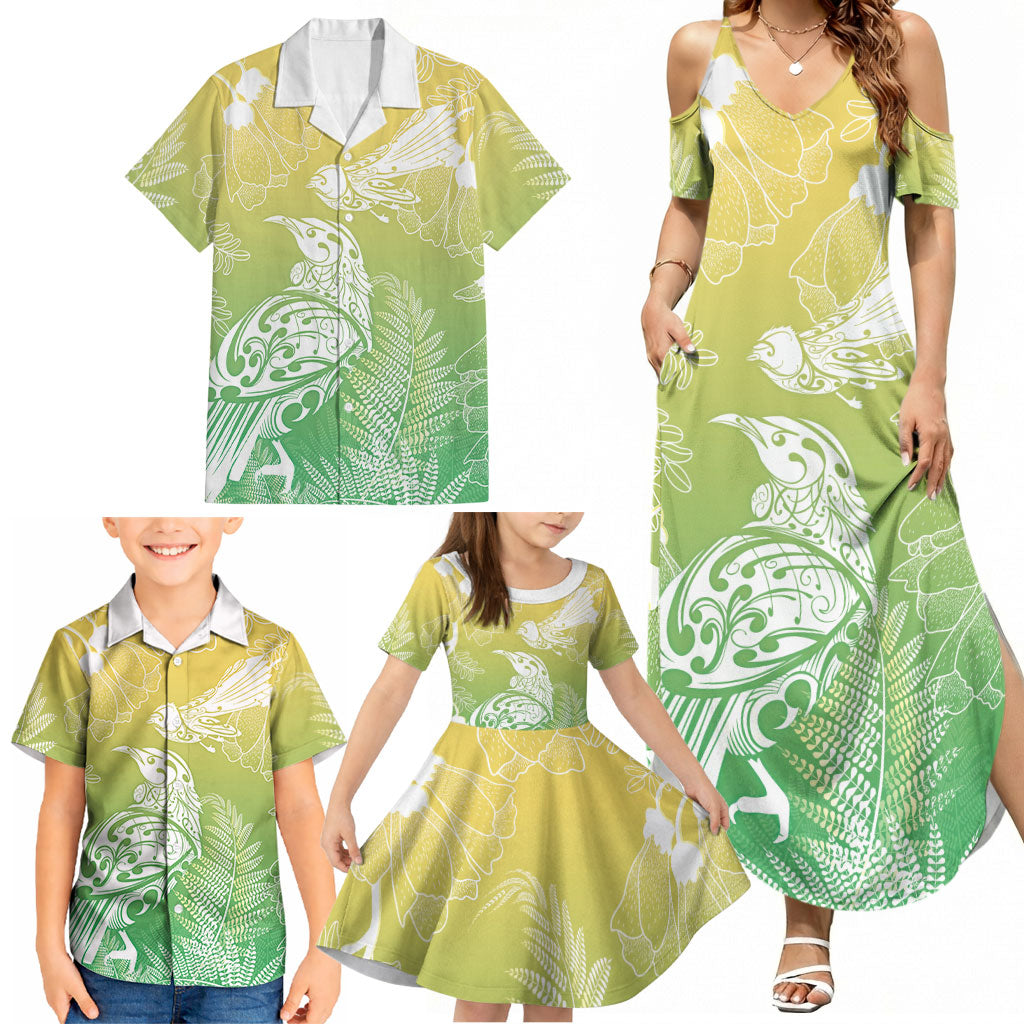 Aotearoa Maori Mahuru Tui With Pikawakawa Family Matching Summer Maxi Dress and Hawaiian Shirt Spring Time
