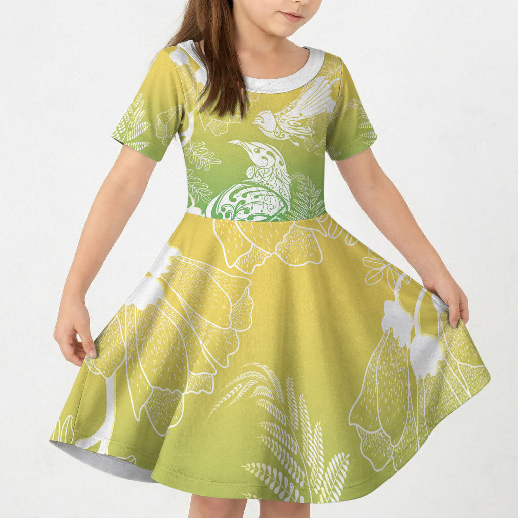 Aotearoa Maori Mahuru Tui With Pikawakawa Kid Short Sleeve Dress Spring Time
