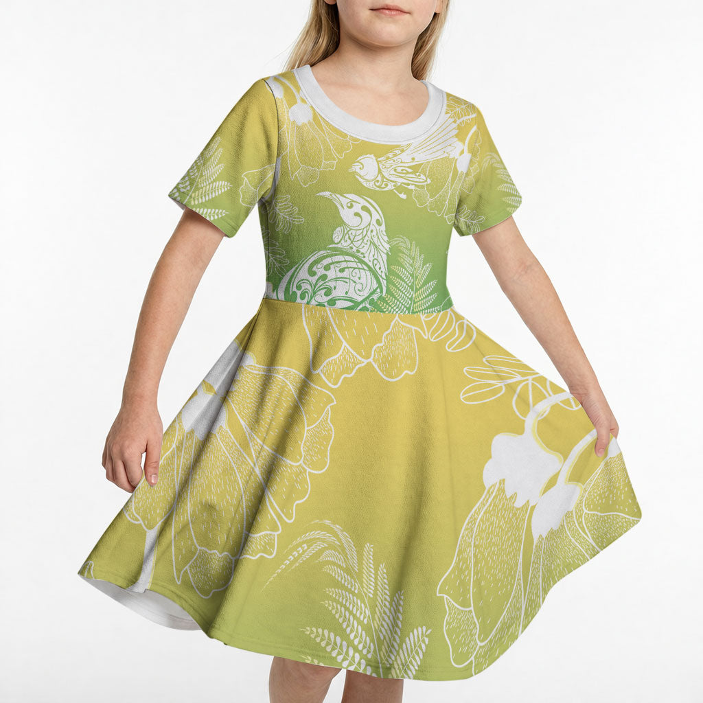 Aotearoa Maori Mahuru Tui With Pikawakawa Kid Short Sleeve Dress Spring Time