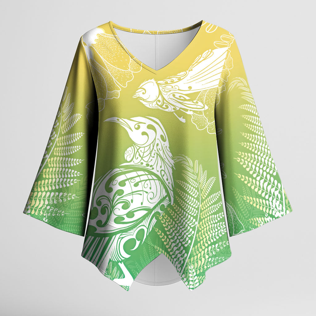 Aotearoa Maori Mahuru Tui With Pikawakawa Kimono Sleeve Blouse Spring Time
