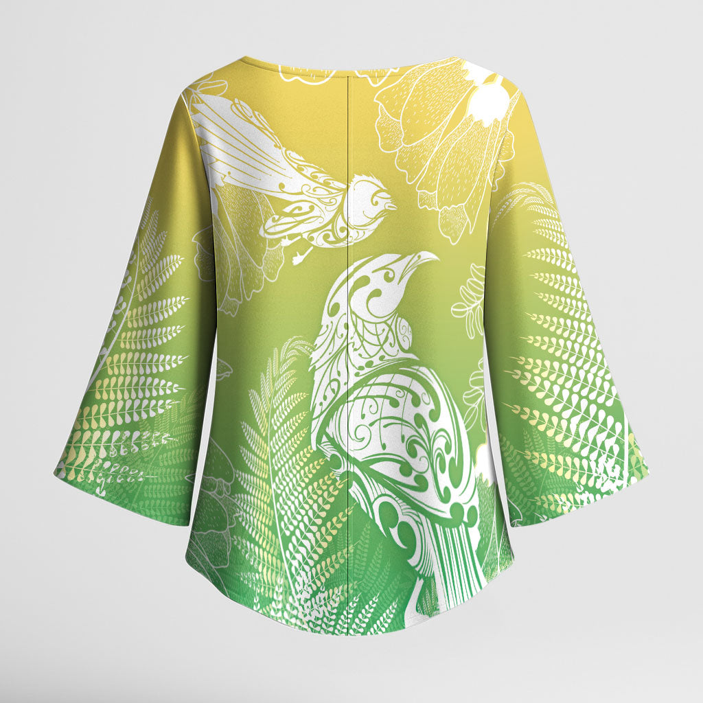 Aotearoa Maori Mahuru Tui With Pikawakawa Kimono Sleeve Blouse Spring Time