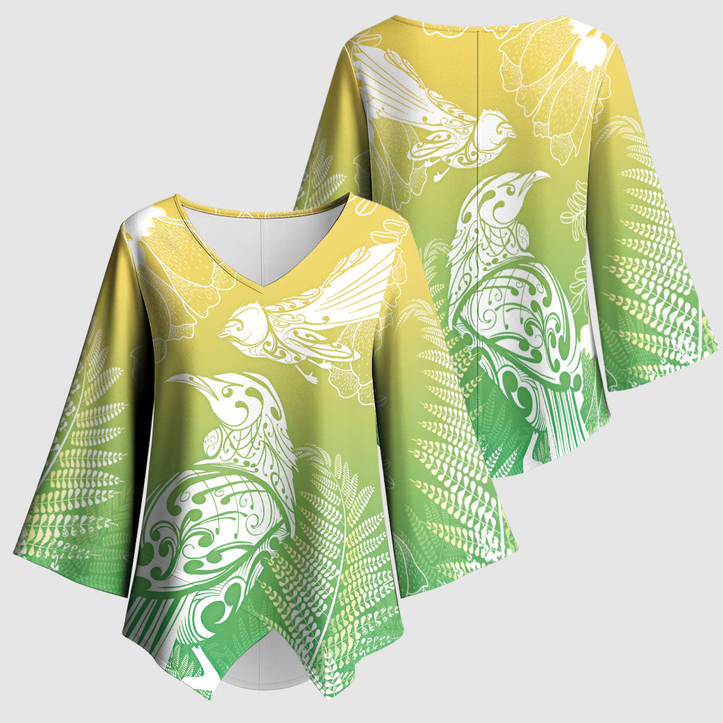 Aotearoa Maori Mahuru Tui With Pikawakawa Kimono Sleeve Blouse Spring Time