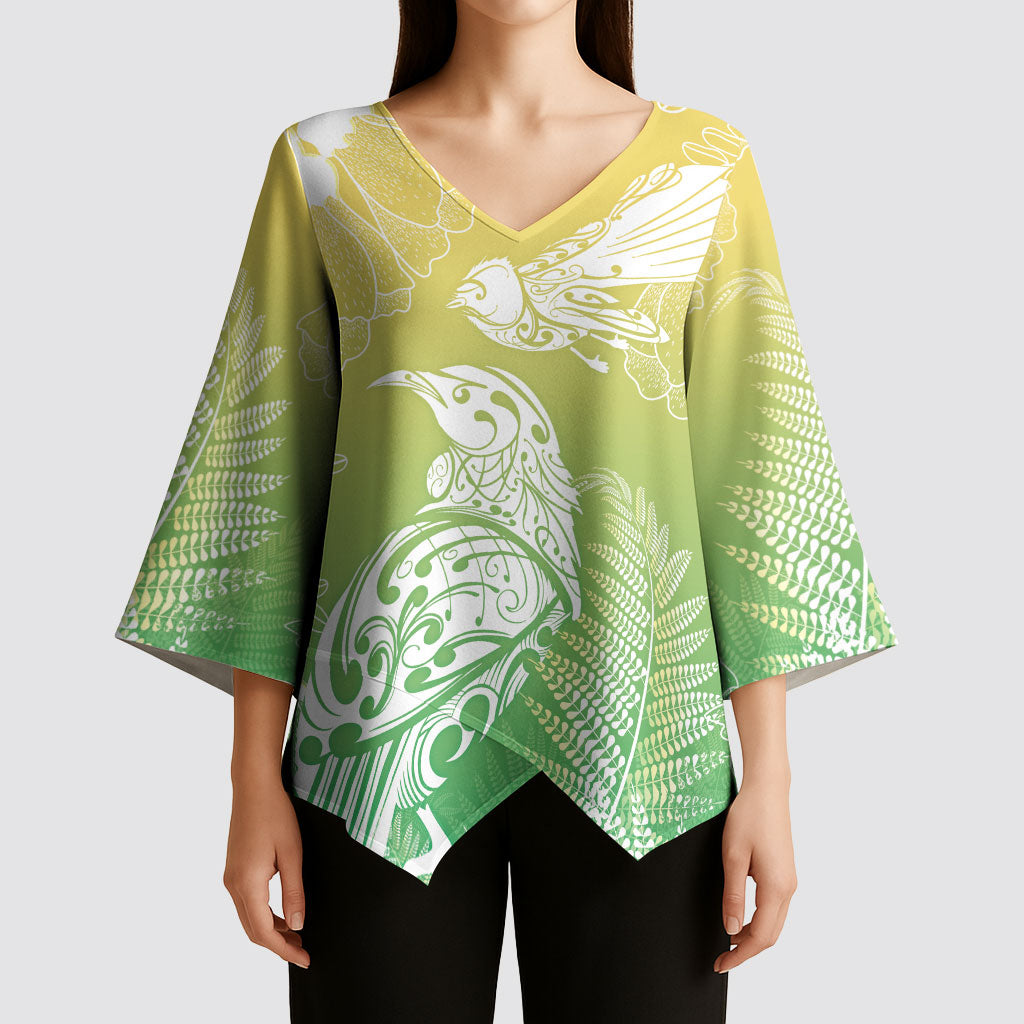 Aotearoa Maori Mahuru Tui With Pikawakawa Kimono Sleeve Blouse Spring Time
