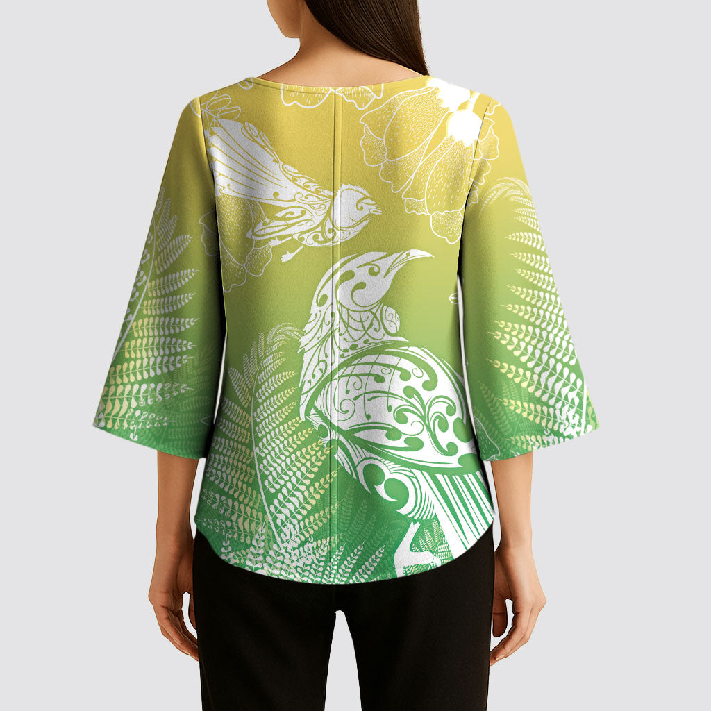 Aotearoa Maori Mahuru Tui With Pikawakawa Kimono Sleeve Blouse Spring Time
