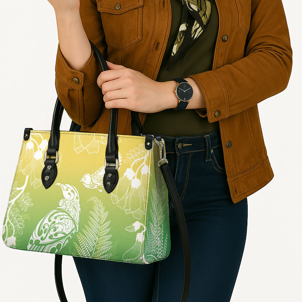 Aotearoa Maori Mahuru Tui With Pikawakawa Leather Bag Spring Time