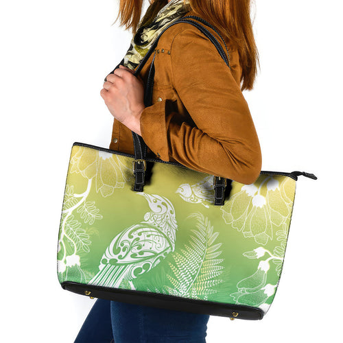 Aotearoa Maori Mahuru Tui With Pikawakawa Leather Tote Bag Spring Time