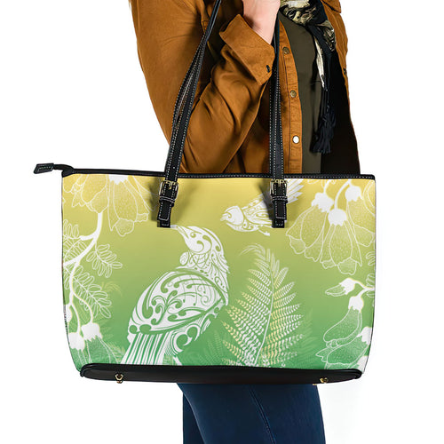 Aotearoa Maori Mahuru Tui With Pikawakawa Leather Tote Bag Spring Time