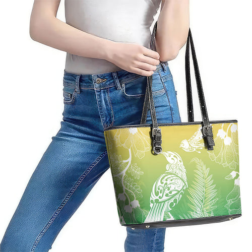 Aotearoa Maori Mahuru Tui With Pikawakawa Leather Tote Bag Spring Time
