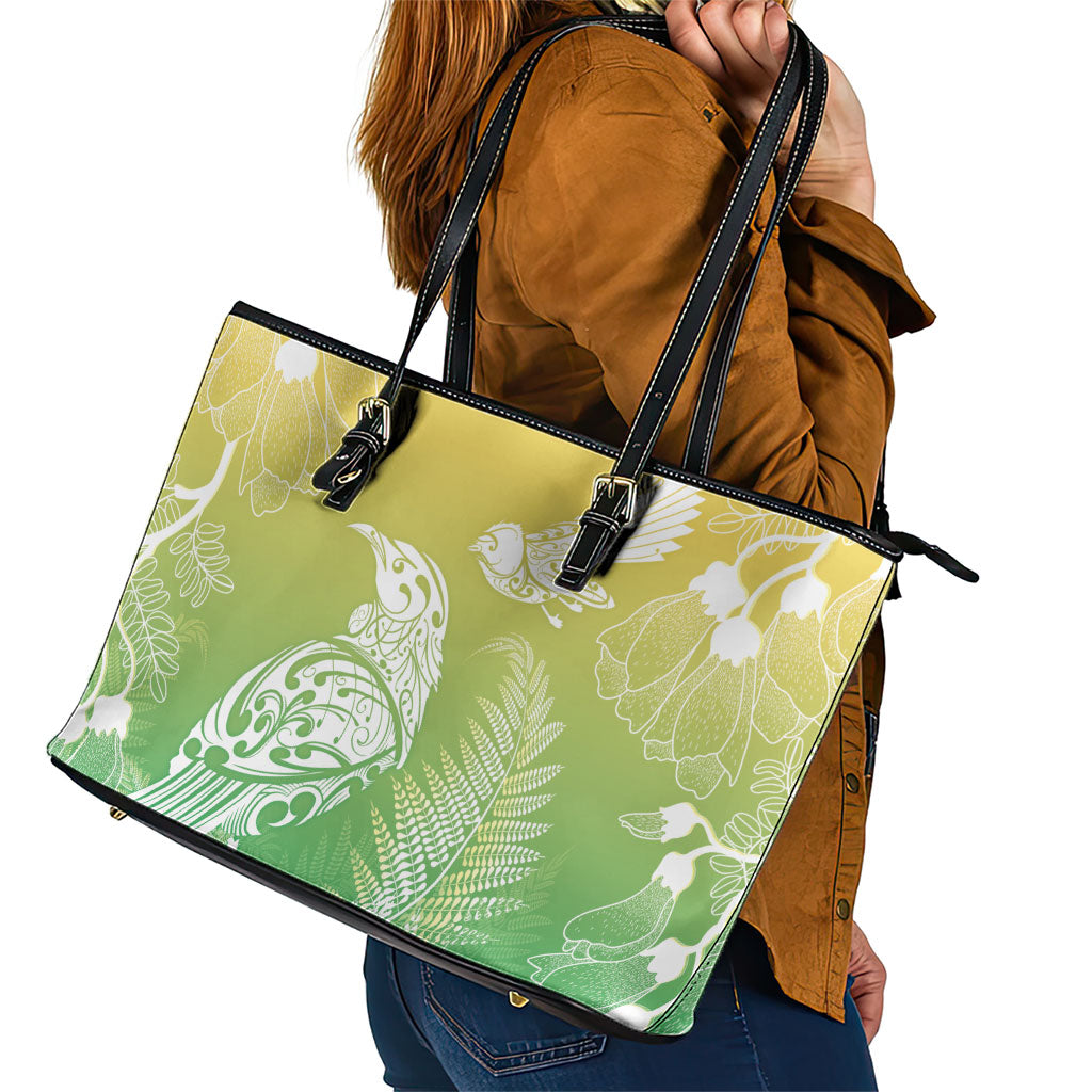 Aotearoa Maori Mahuru Tui With Pikawakawa Leather Tote Bag Spring Time