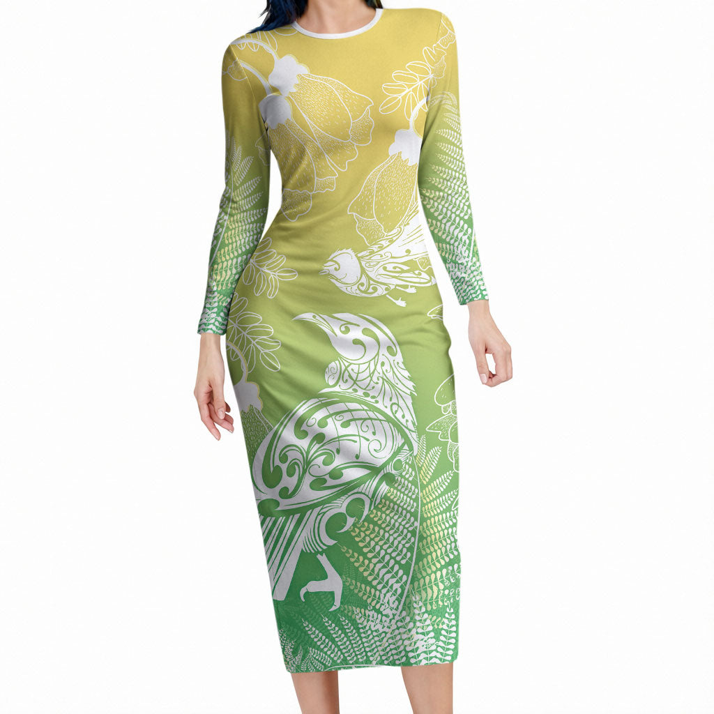 Aotearoa Maori Mahuru Tui With Pikawakawa Long Sleeve Bodycon Dress Spring Time