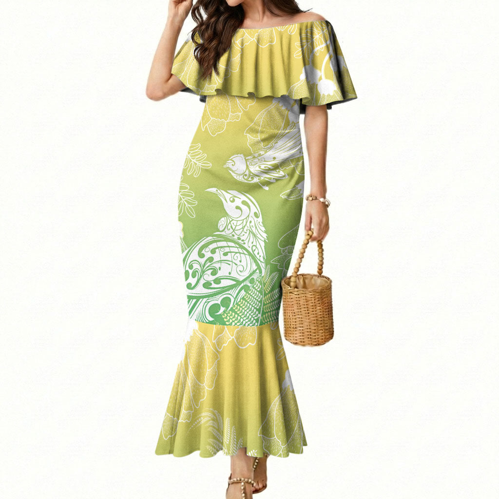 Aotearoa Maori Mahuru Tui With Pikawakawa Mermaid Dress Spring Time