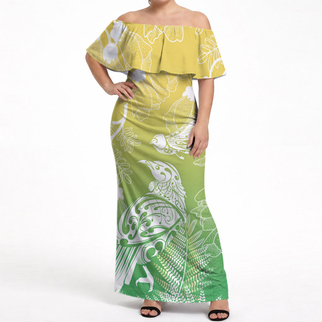 Aotearoa Maori Mahuru Tui With Pikawakawa Off Shoulder Maxi Dress Spring Time