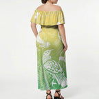 Aotearoa Maori Mahuru Tui With Pikawakawa Off Shoulder Maxi Dress Spring Time