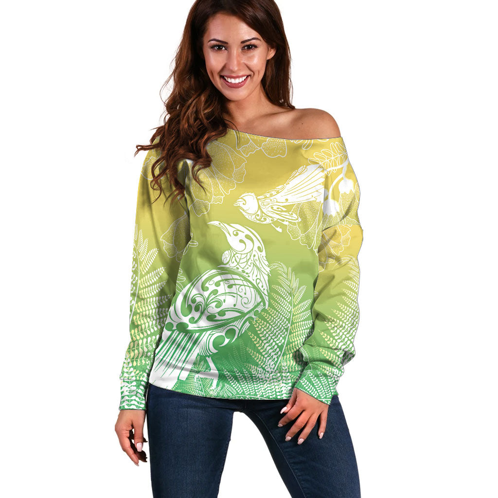Aotearoa Maori Mahuru Tui With Pikawakawa Off Shoulder Sweater Spring Time