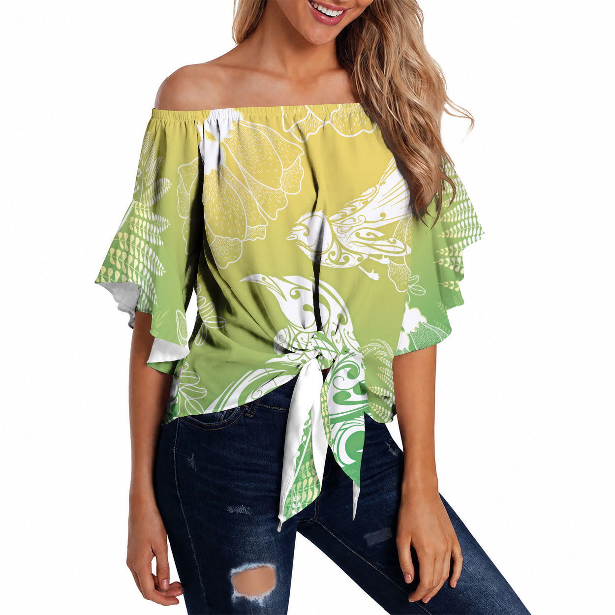 Aotearoa Maori Mahuru Tui With Pikawakawa Off Shoulder Wrap Waist Top Spring Time