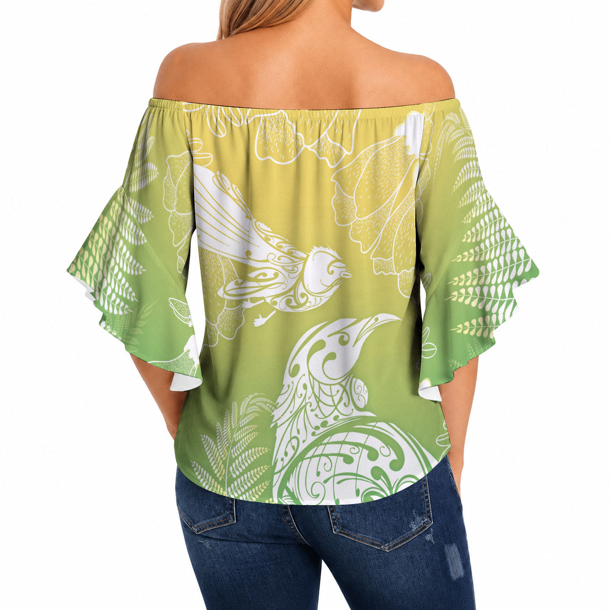 Aotearoa Maori Mahuru Tui With Pikawakawa Off Shoulder Wrap Waist Top Spring Time