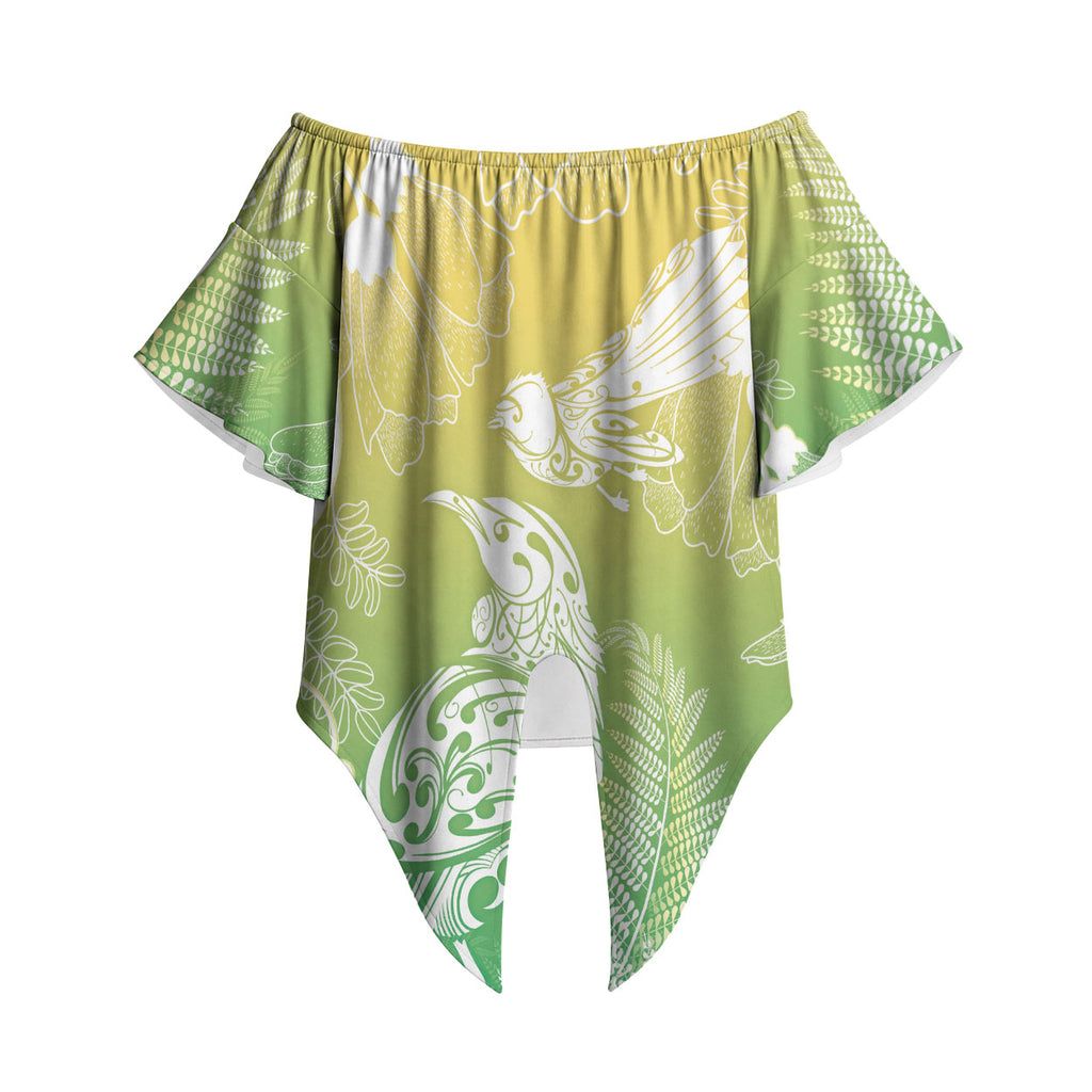 Aotearoa Maori Mahuru Tui With Pikawakawa Off Shoulder Wrap Waist Top Spring Time