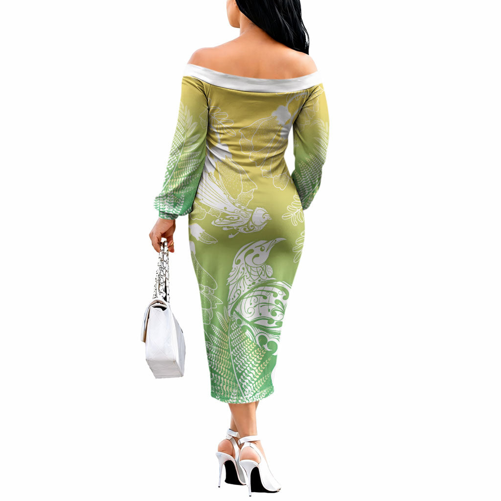 Aotearoa Maori Mahuru Tui With Pikawakawa Off The Shoulder Long Sleeve Dress Spring Time